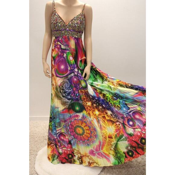 Beaded phsychedelic Full Sweep Gown sz 8 Tall Cinderella Mardi Gras Formal Prom - Picture 9 of 15